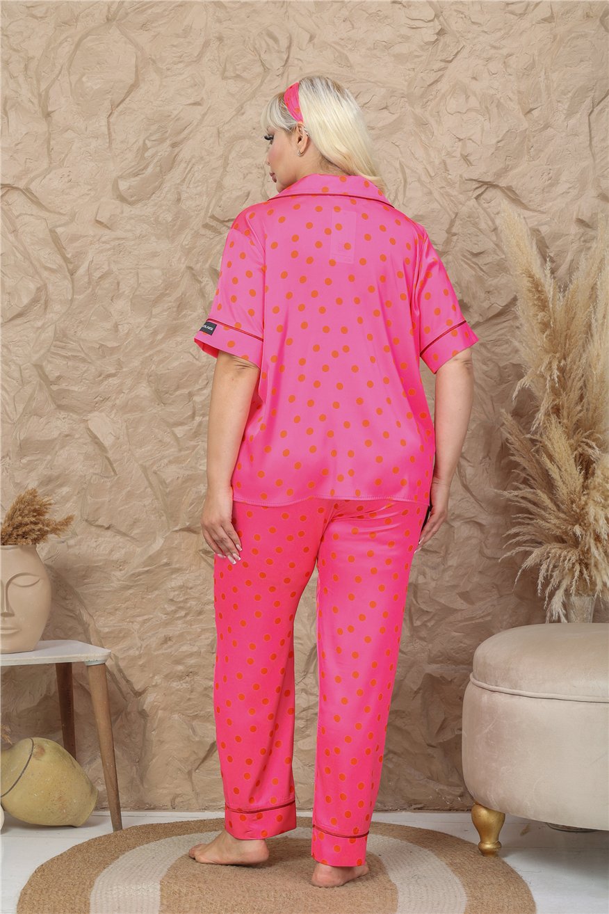 Palline Colorate Fuşya Saten Kısa Kol Pantolon Pijama Takımı (Büyük Beden)