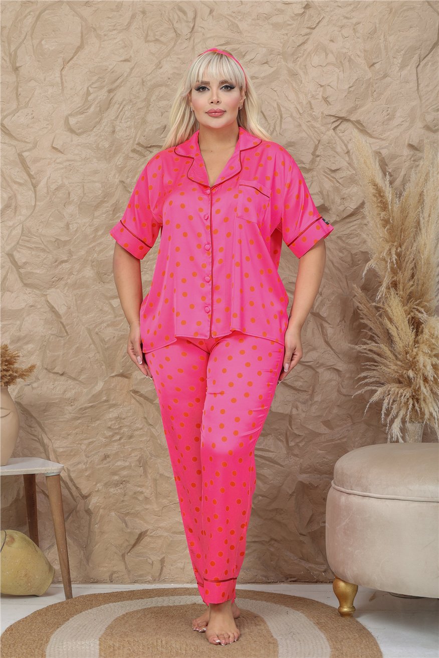Palline Colorate Fuşya Saten Kısa Kol Pantolon Pijama Takımı (Büyük Beden)