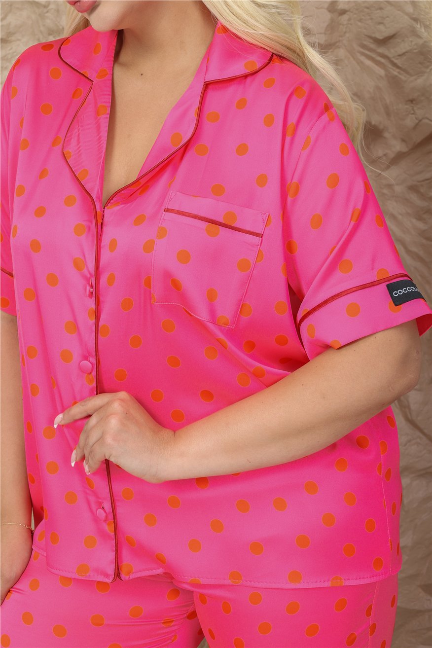 Palline Colorate Fuşya Saten Kısa Kol Pantolon Pijama Takımı (Büyük Beden)