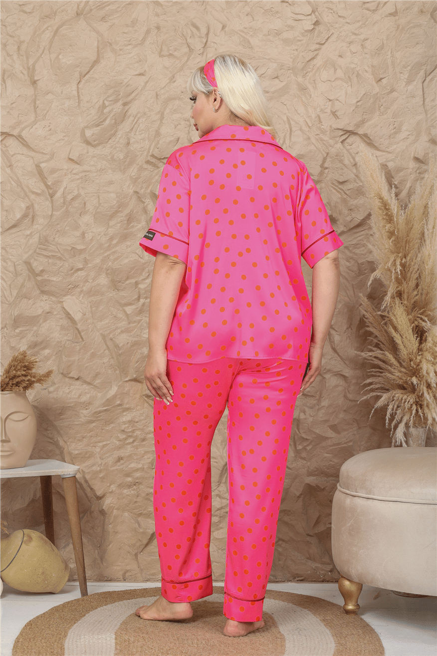 Palline Colorate Fuşya Saten Kısa Kol Pantolon Pijama Takımı (Büyük Beden)