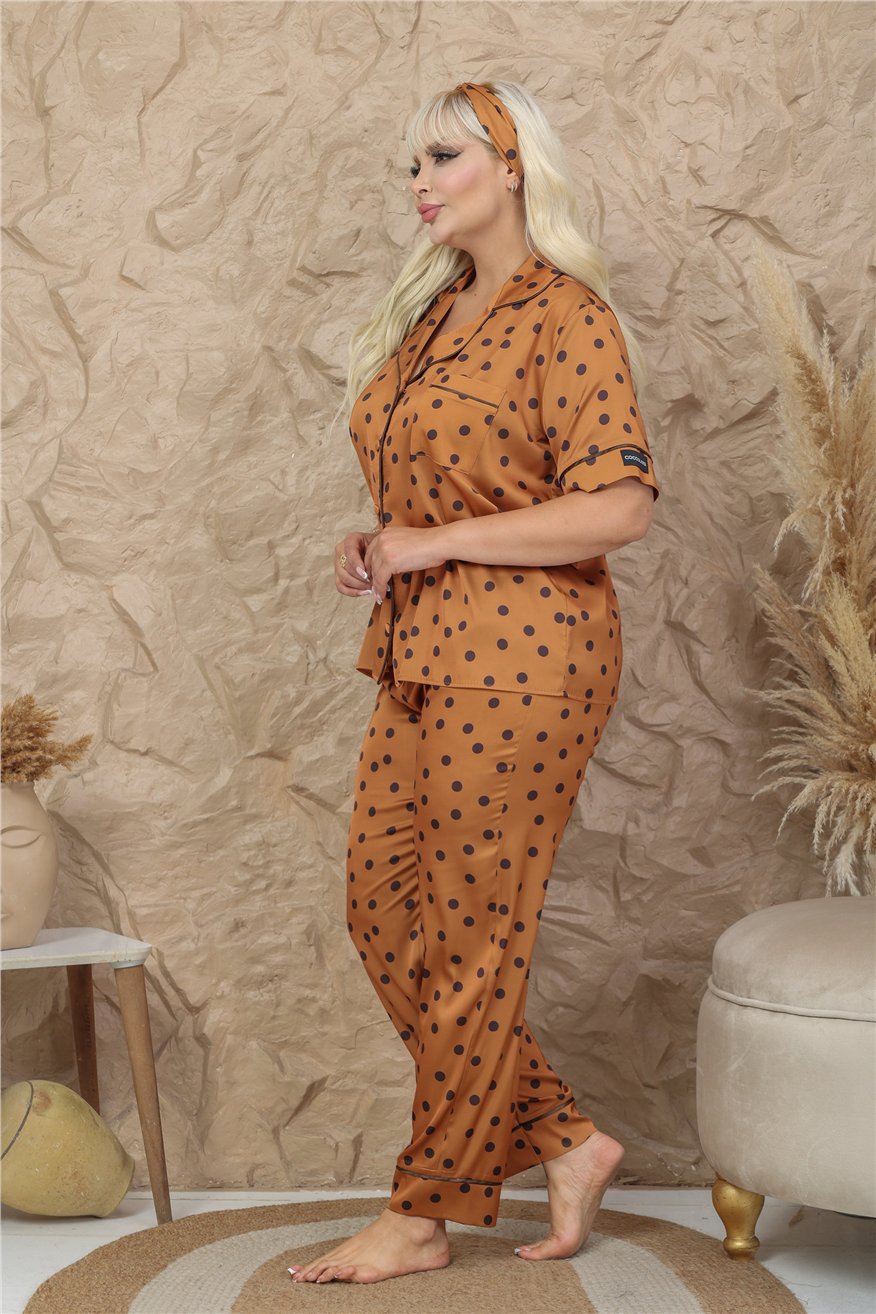 Palline Colorate Kahverengi Saten Kısa Kol Pantolon Pijama Takımı (Büyük Beden)