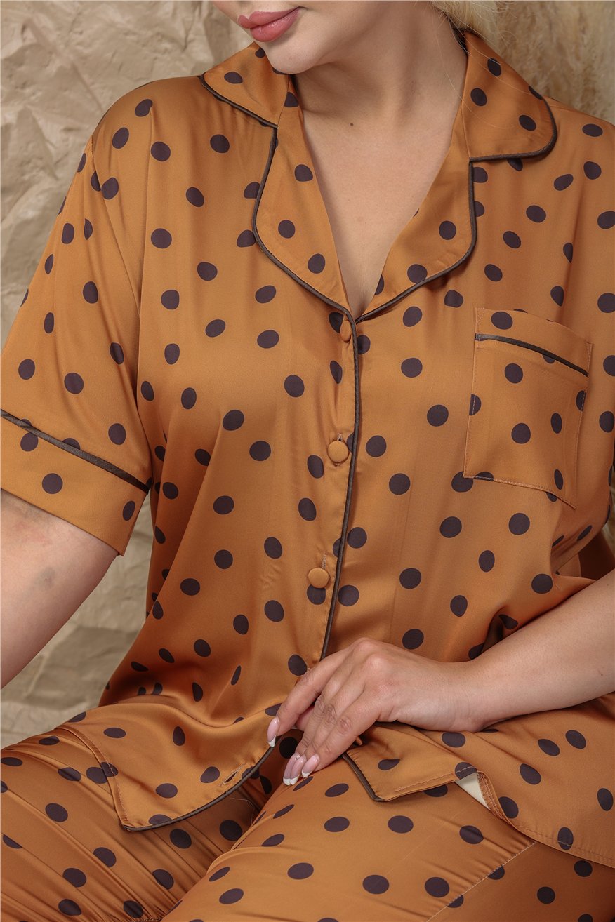 Palline Colorate Kahverengi Saten Kısa Kol Pantolon Pijama Takımı (Büyük Beden)