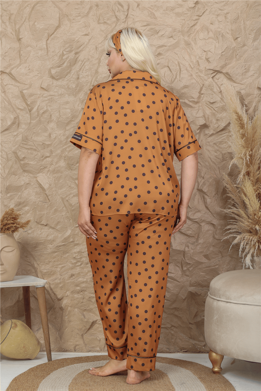 Palline Colorate Kahverengi Saten Kısa Kol Pantolon Pijama Takımı (Büyük Beden)