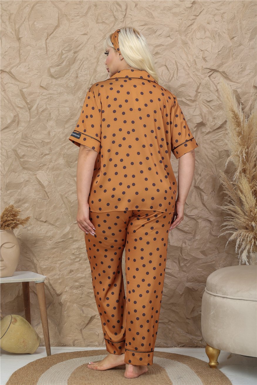 Palline Colorate Kahverengi Saten Kısa Kol Pantolon Pijama Takımı (Büyük Beden)