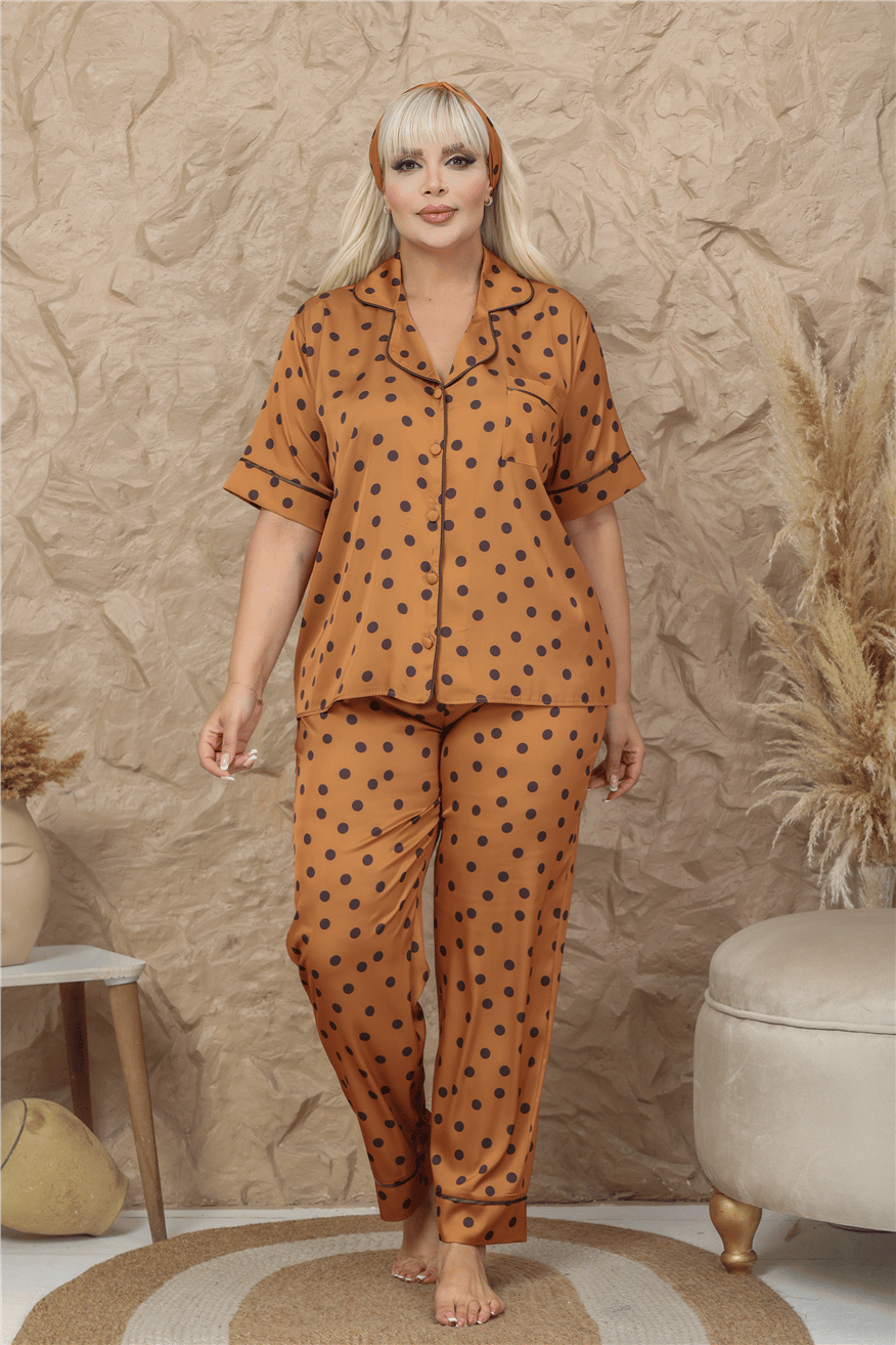 Palline Colorate Kahverengi Saten Kısa Kol Pantolon Pijama Takımı (Büyük Beden)