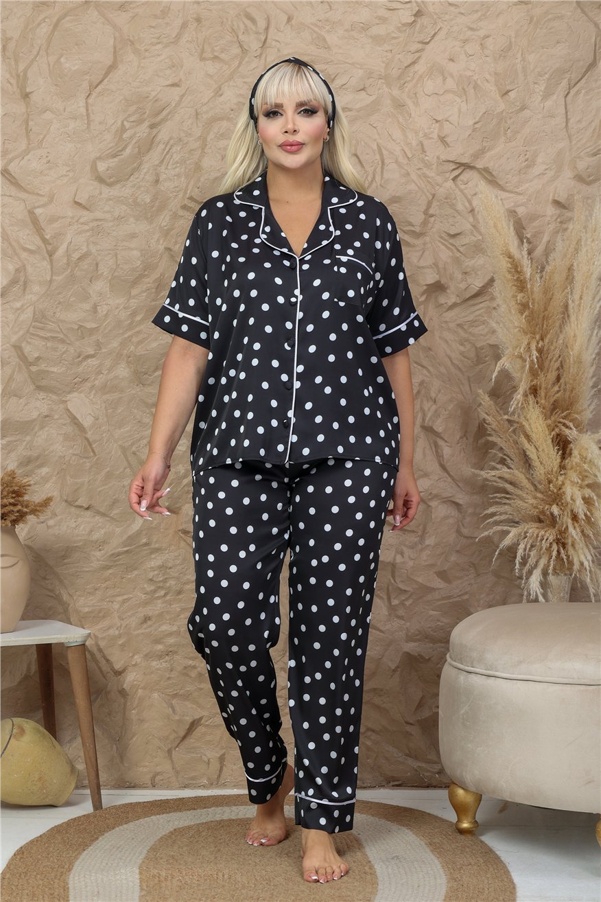 Palline Colorate Siyah Saten Kısa Kol Pantolon Pijama Takımı (Büyük Beden)