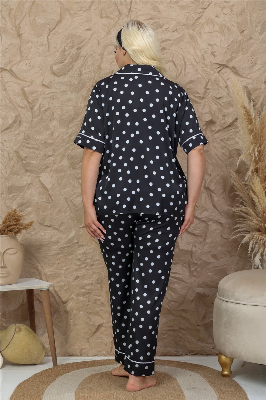 Palline Colorate Siyah Saten Kısa Kol Pantolon Pijama Takımı (Büyük Beden)