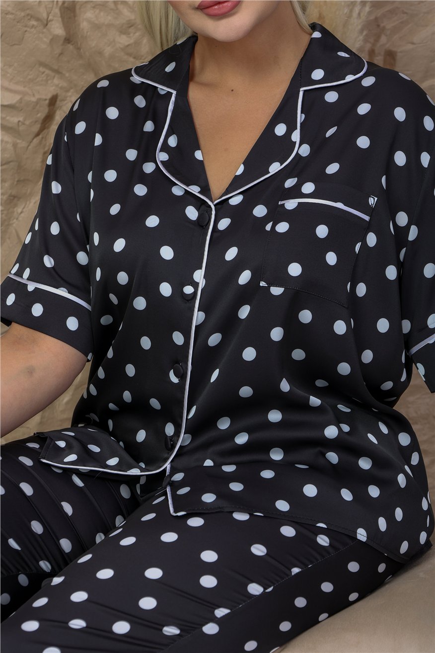 Palline Colorate Siyah Saten Kısa Kol Pantolon Pijama Takımı (Büyük Beden)