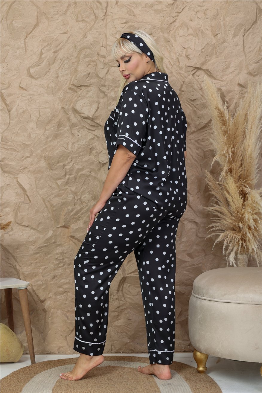 Palline Colorate Siyah Saten Kısa Kol Pantolon Pijama Takımı (Büyük Beden)