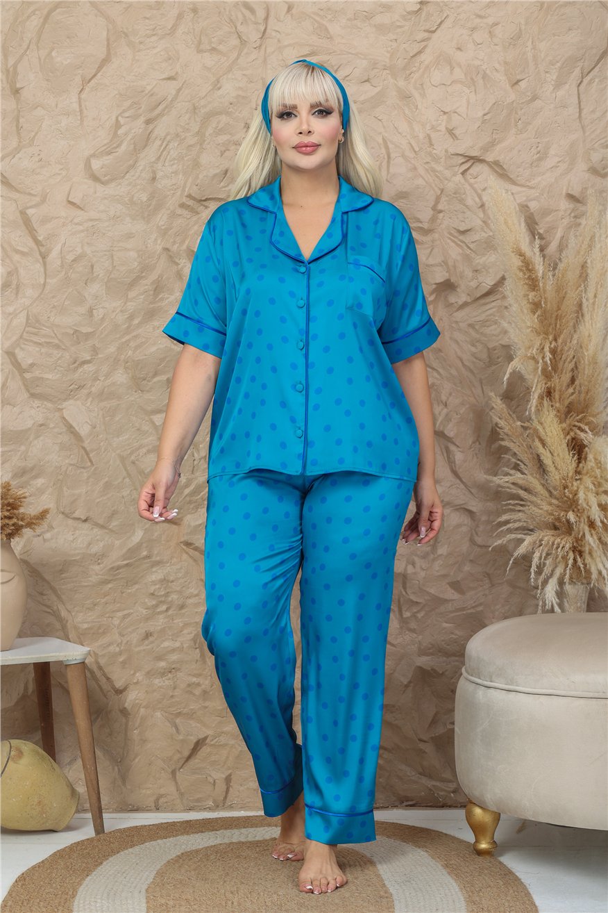 Palline Colorate Turkuaz Saten Kısa Kol Pantolon Pijama Takımı (Büyük Beden)