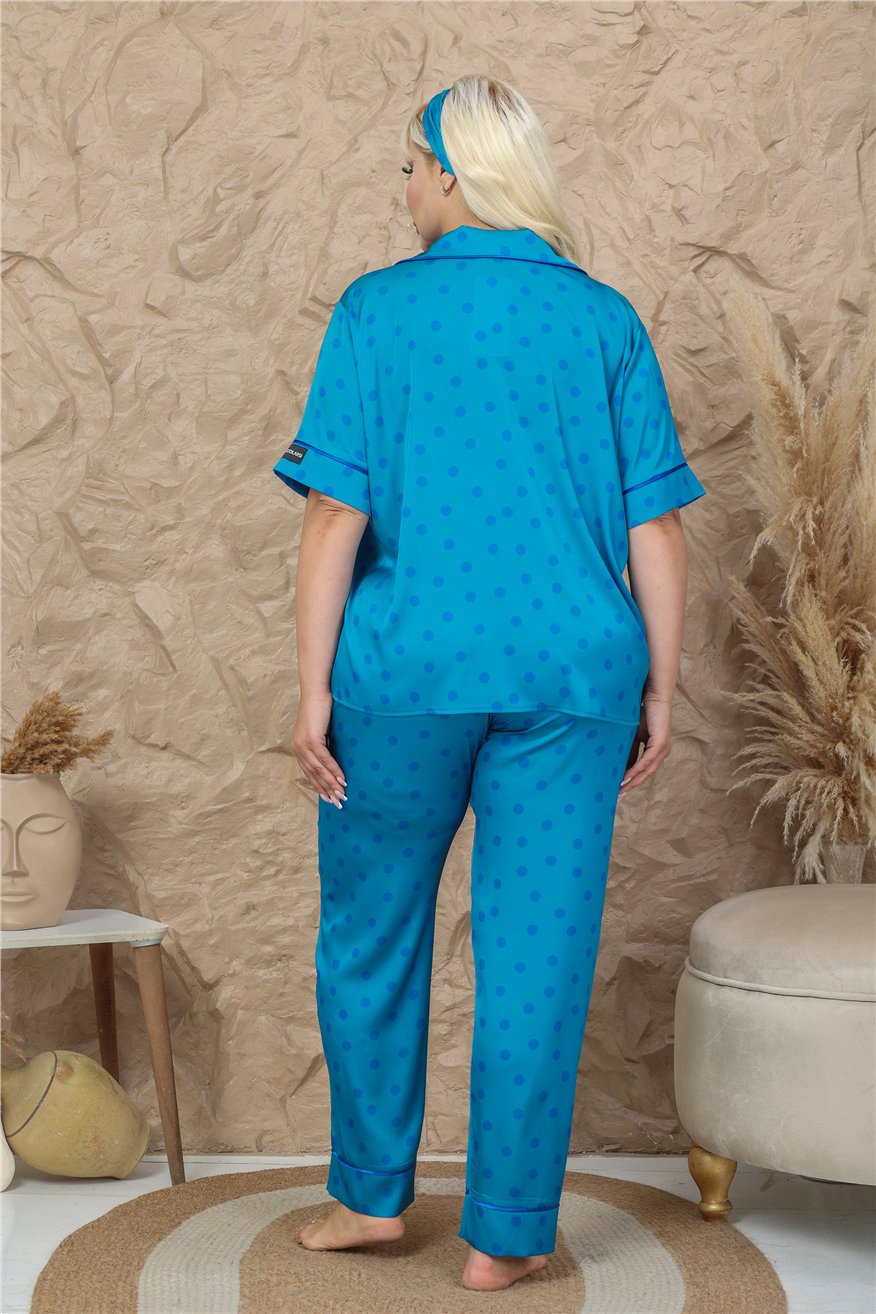 Palline Colorate Turkuaz Saten Kısa Kol Pantolon Pijama Takımı (Büyük Beden)
