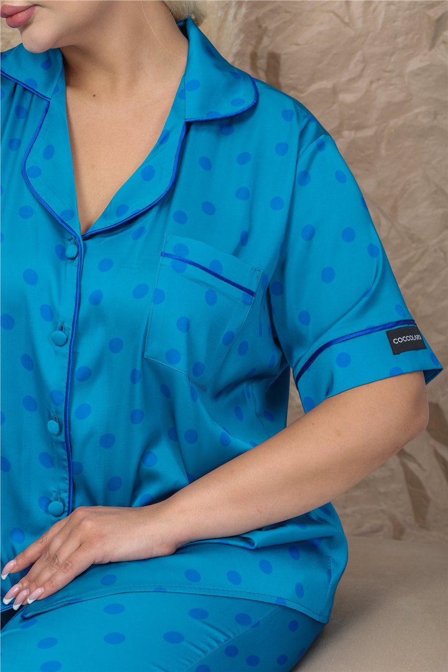 Palline Colorate Turkuaz Saten Kısa Kol Pantolon Pijama Takımı (Büyük Beden)