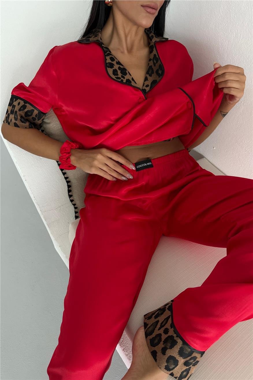 Pardo Perfetto Kırmızı Floş Saten Kısa Kol Pantolon Pijama Takımı