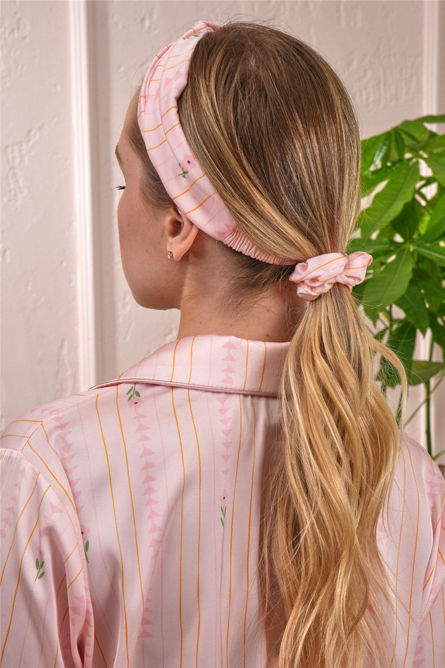 Petali Rosa e Righe Dorate Saten Kısa Pijama Takımı