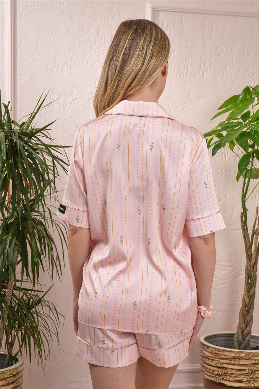 Petali Rosa e Righe Dorate Saten Kısa Pijama Takımı