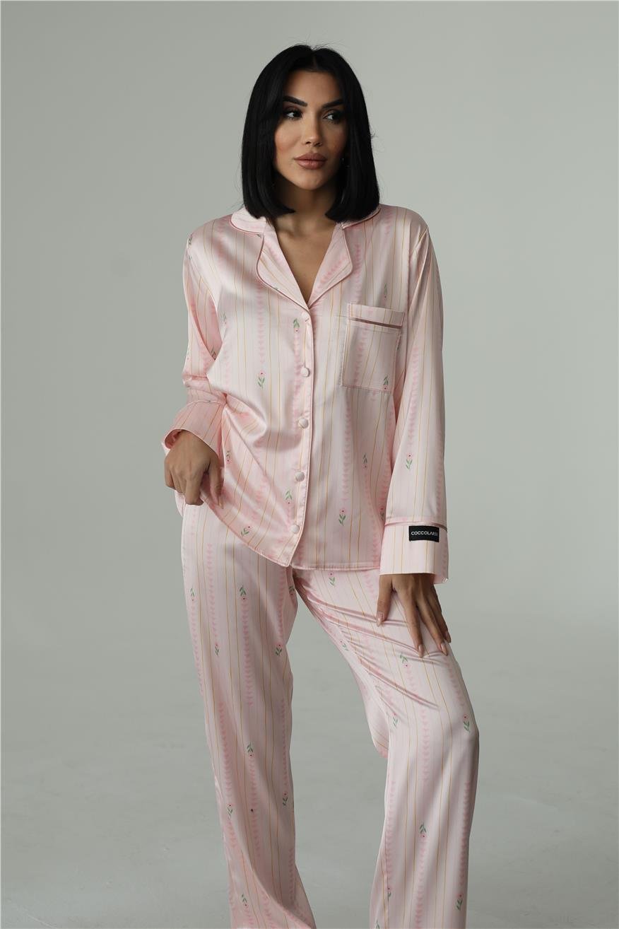 Petali Rosa e Righe Dorate Saten Uzun Pijama Takımı