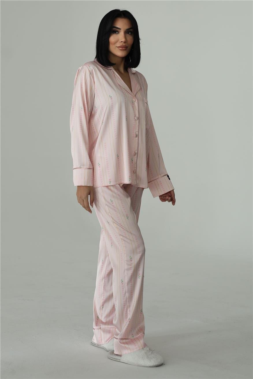 Petali Rosa e Righe Dorate Saten Uzun Pijama Takımı