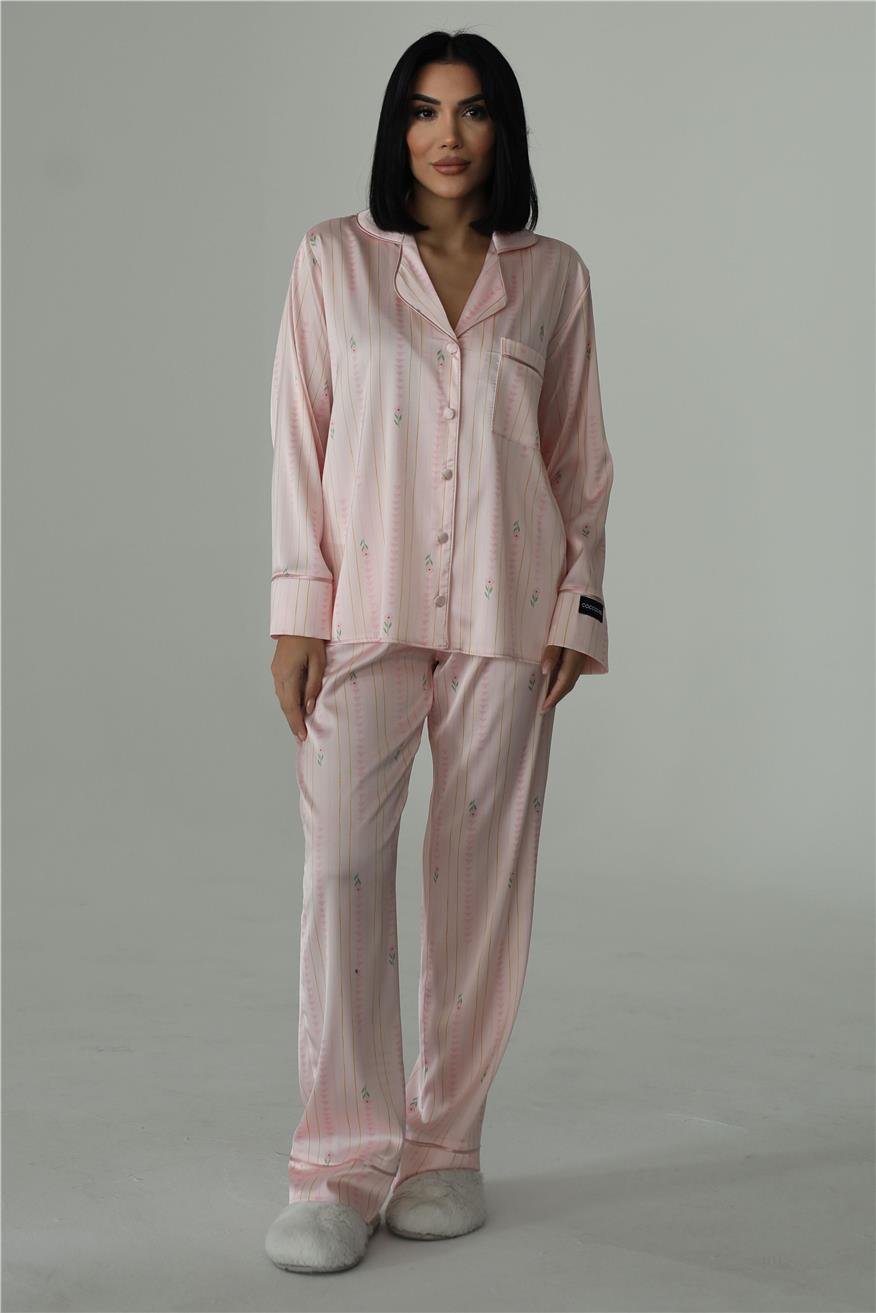 Petali Rosa e Righe Dorate Saten Uzun Pijama Takımı