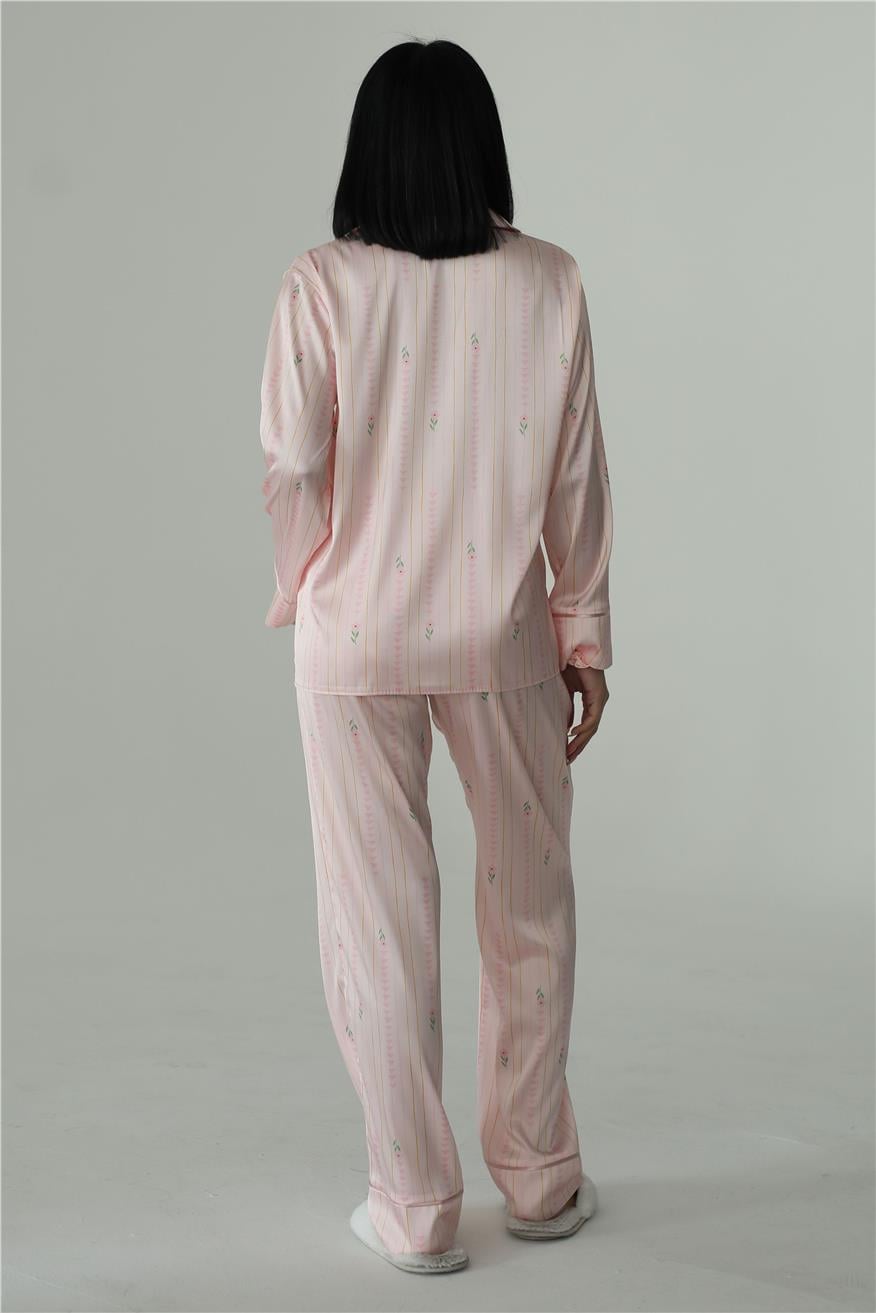 Petali Rosa e Righe Dorate Saten Uzun Pijama Takımı