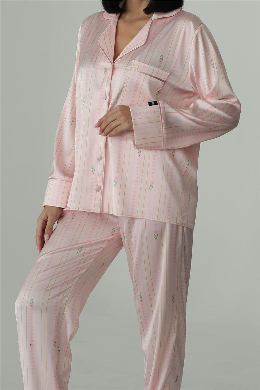 Petali Rosa e Righe Dorate Saten Uzun Pijama Takımı