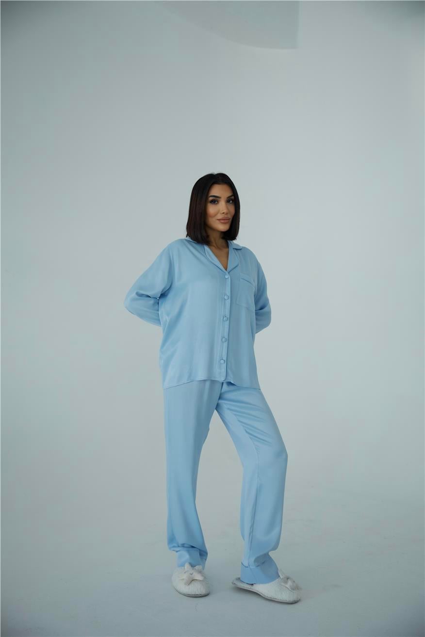 Sentimenti Perfetti Bebe Mavisi Floş Saten Uzun Pijama Takımı