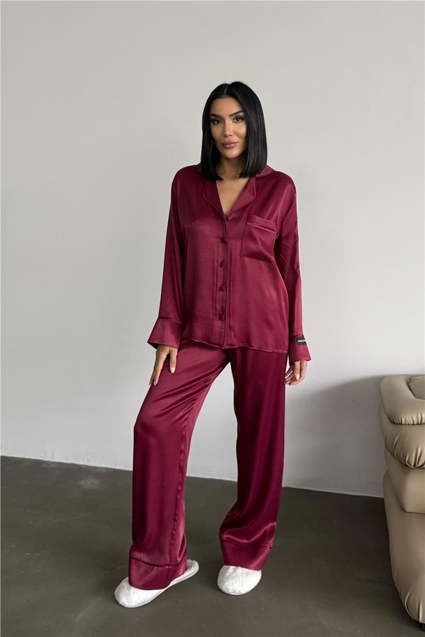 Sentimenti Perfetti Bordo Floş Saten Uzun Pijama Takımı