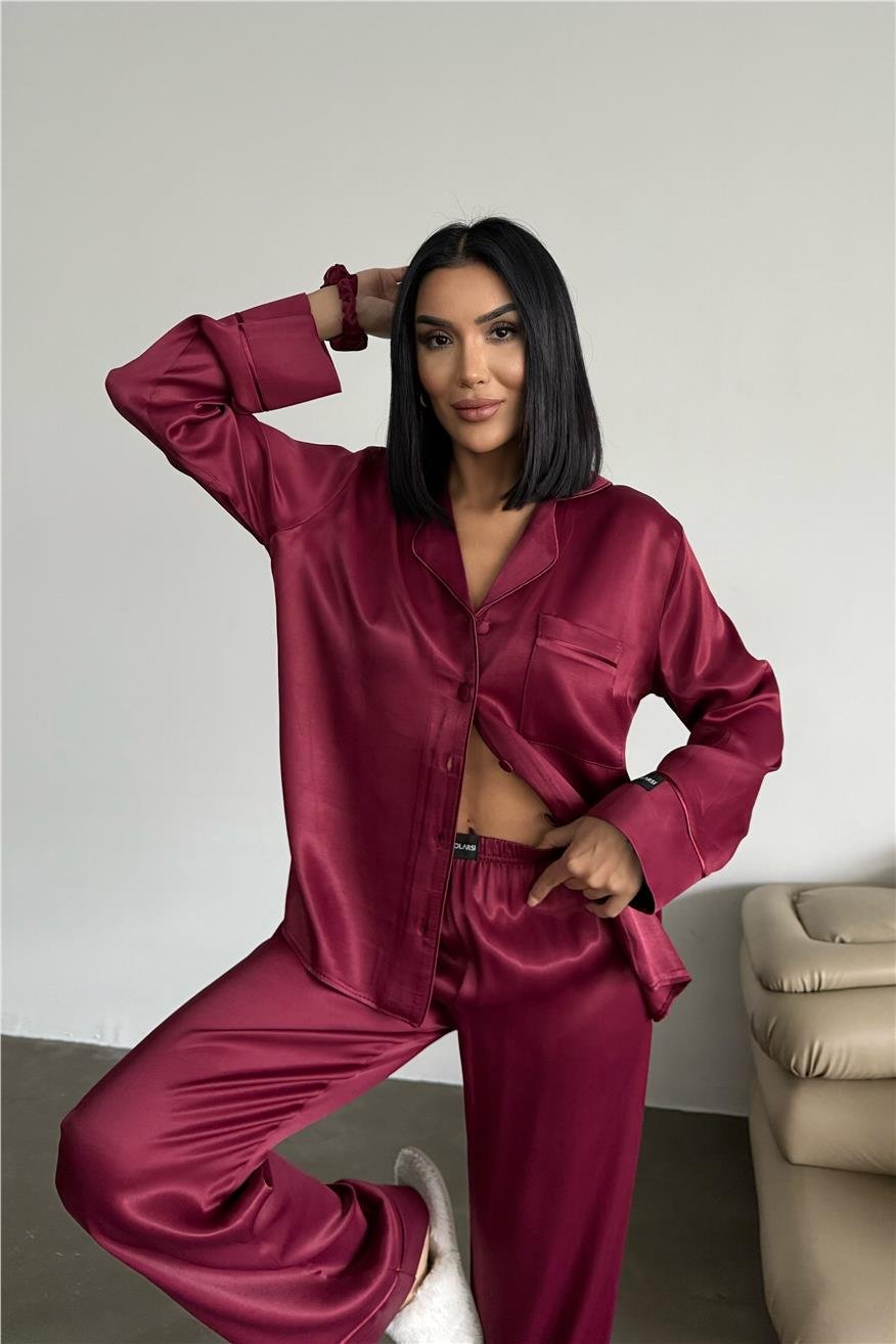 Sentimenti Perfetti Bordo Floş Saten Uzun Pijama Takımı
