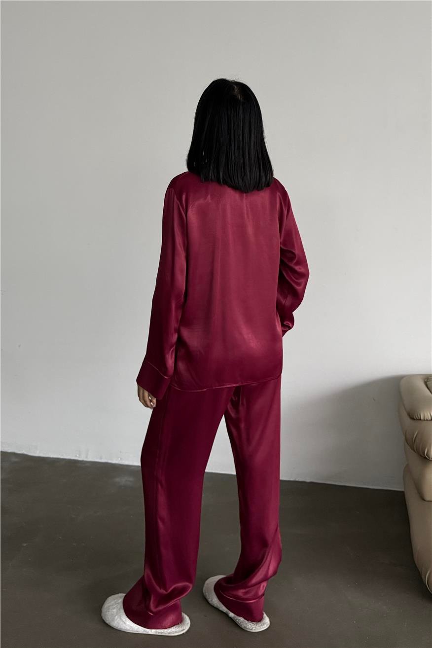 Sentimenti Perfetti Bordo Floş Saten Uzun Pijama Takımı