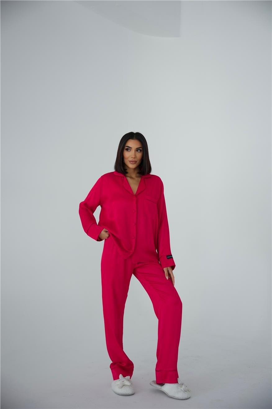 Sentimenti Perfetti Fuşya Floş Saten Uzun Pijama Takımı