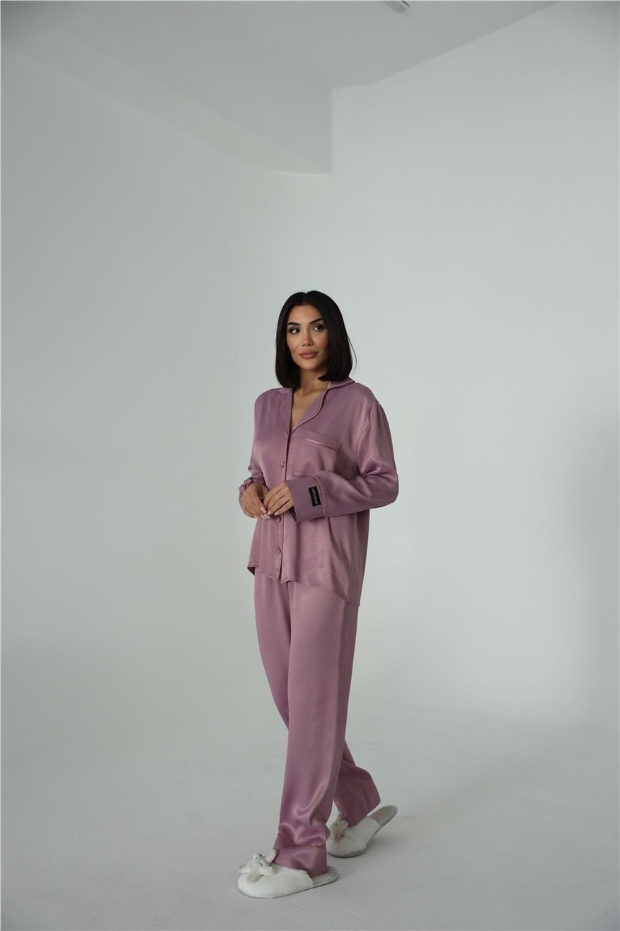 Sentimenti Perfetti Gül Kurusu Floş Saten Uzun Pijama Takımı