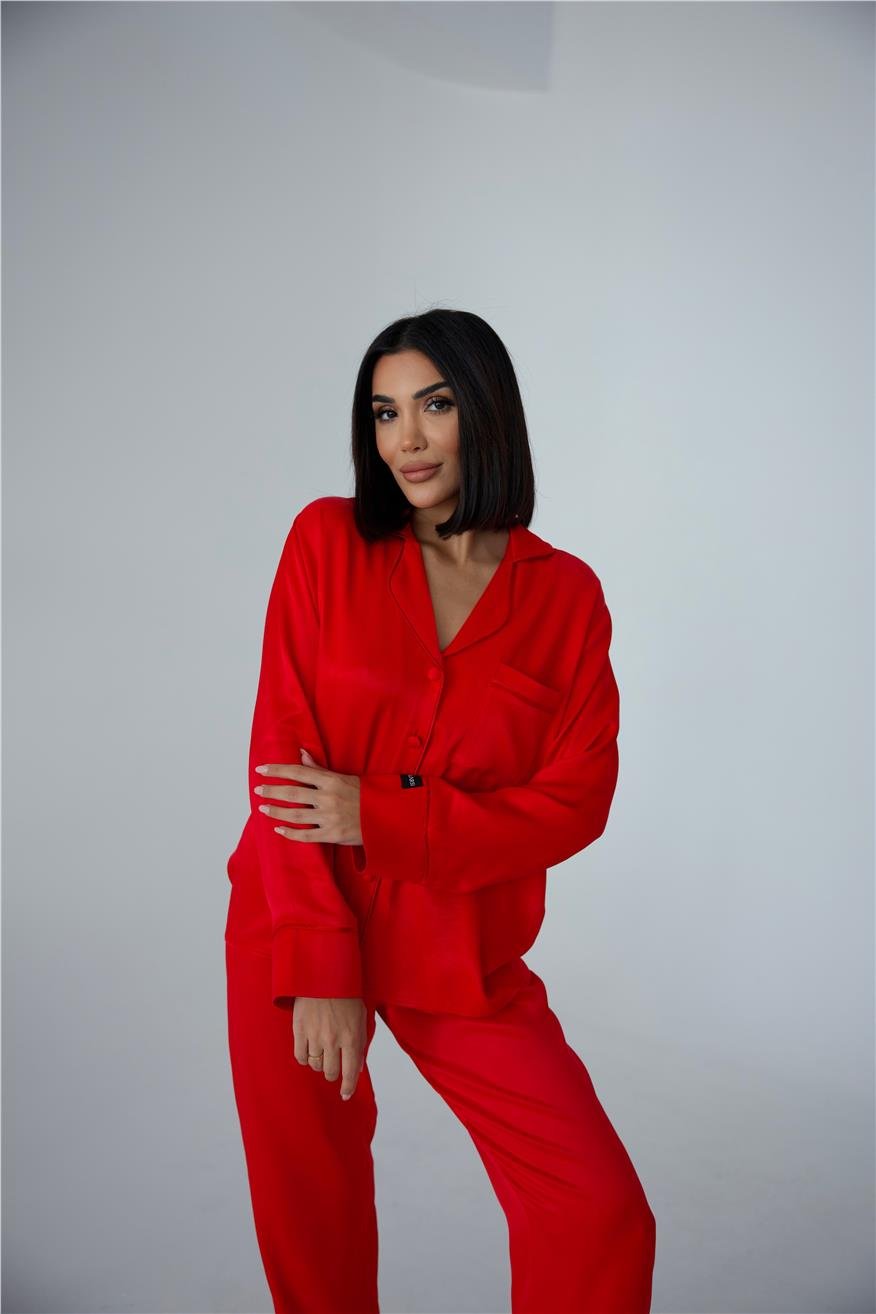 Sentimenti Perfetti Kırmızı Floş Saten Uzun Pijama Takımı