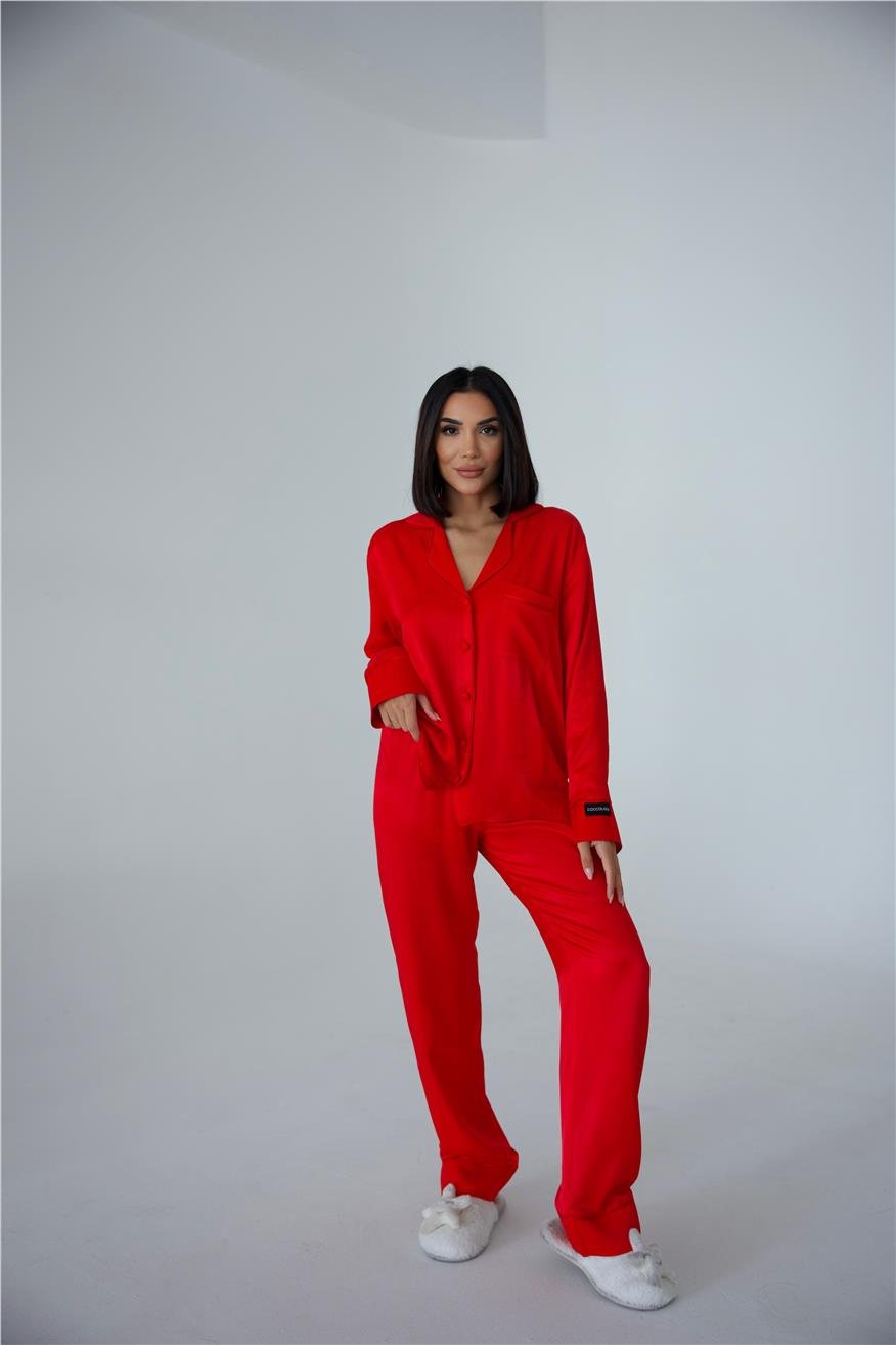 Sentimenti Perfetti Kırmızı Floş Saten Uzun Pijama Takımı