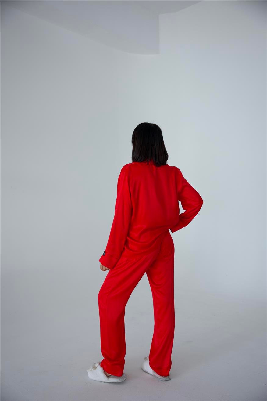 Sentimenti Perfetti Kırmızı Floş Saten Uzun Pijama Takımı