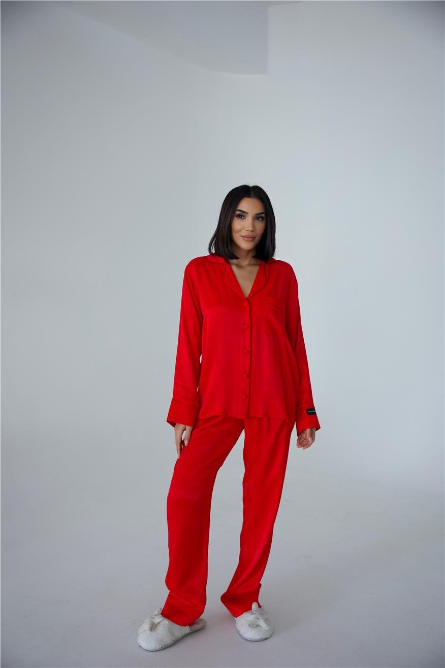 Sentimenti Perfetti Kırmızı Floş Saten Uzun Pijama Takımı