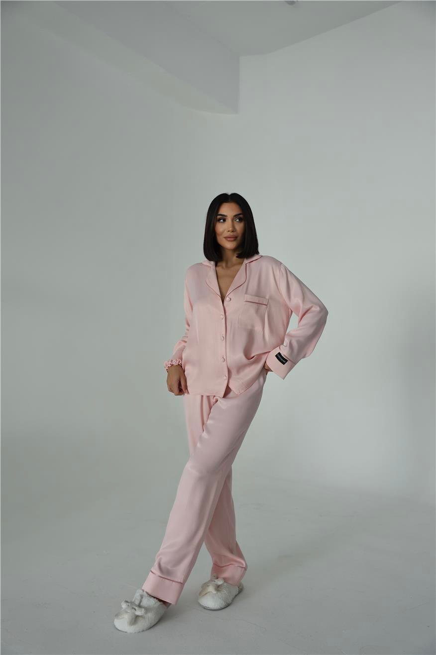 Sentimenti Perfetti Pudra Floş Saten Uzun Pijama Takımı
