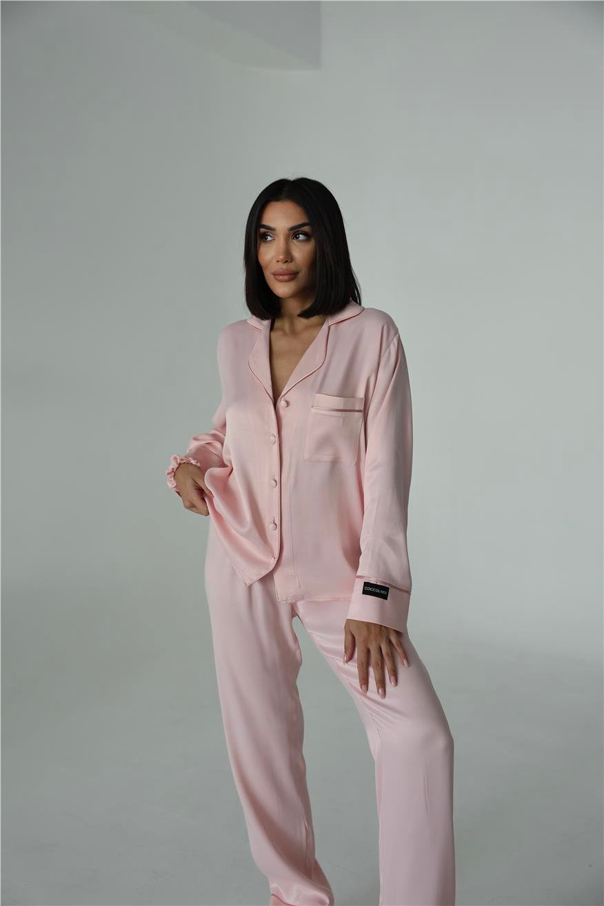 Sentimenti Perfetti Pudra Floş Saten Uzun Pijama Takımı