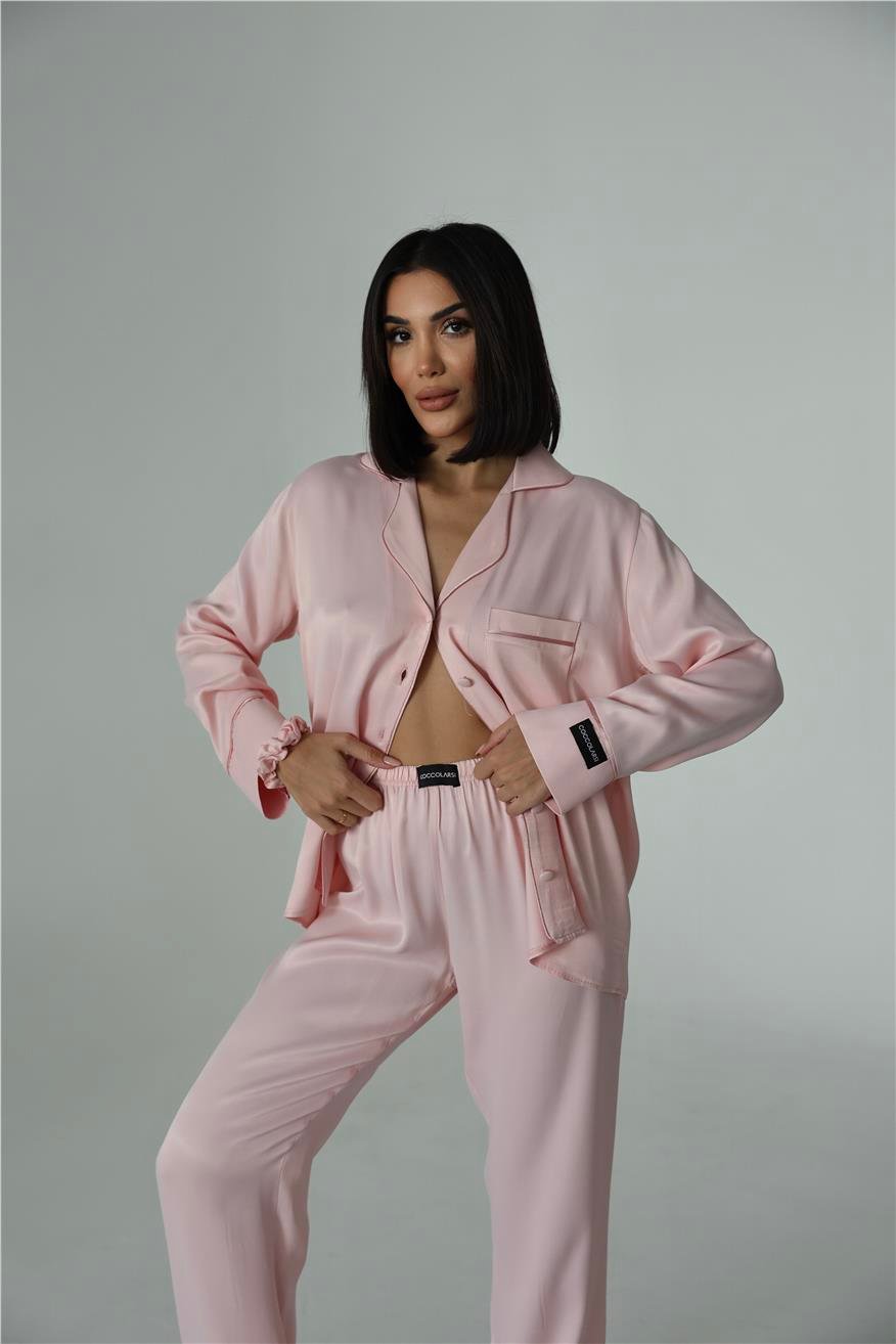 Sentimenti Perfetti Pudra Floş Saten Uzun Pijama Takımı