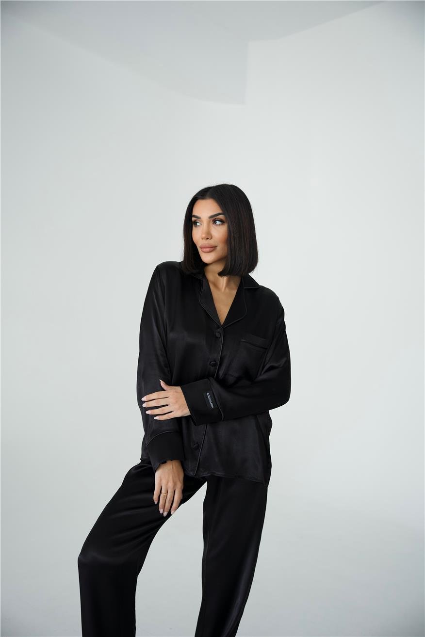 Sentimenti Perfetti Siyah Floş Saten Uzun Pijama Takımı