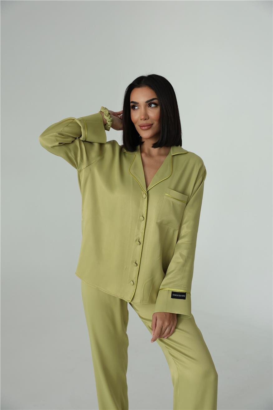 Sentimenti Perfetti Yağ Yeşili Floş Saten Uzun Pijama Takımı