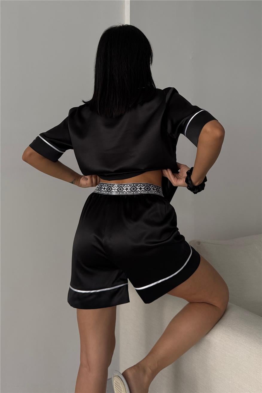 Silenzio Della Notte Siyah Saten Kısa Lastik Bel Pijama Takımı