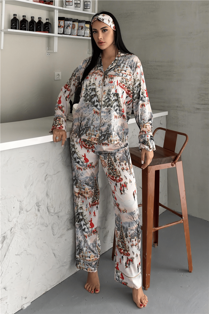 Soffice Inverno Yılbaşı Temalı Saten Uzun Pijama Takımı SNV8701