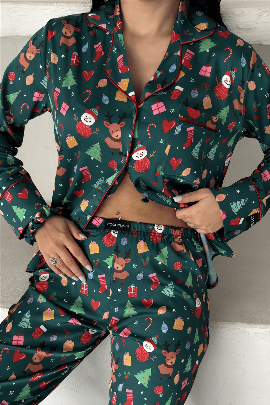 Soffice Inverno Yılbaşı Temalı Saten Uzun Pijama Takımı SNV8708