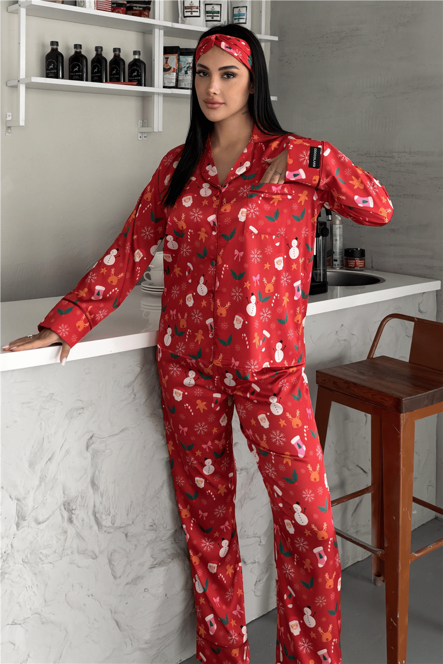 Soffice Inverno Yılbaşı Temalı Saten Uzun Pijama Takımı SNV8704