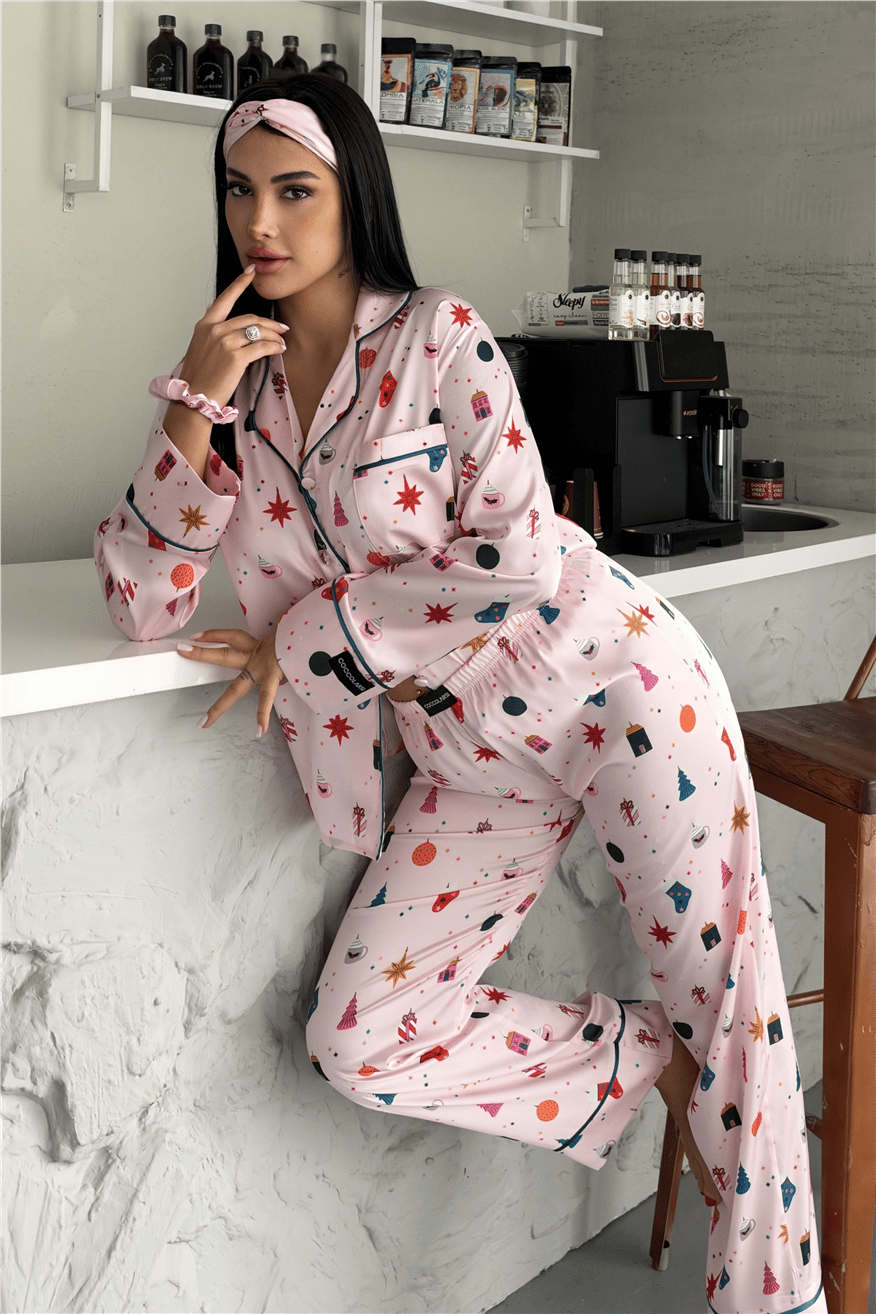 Soffice Inverno Yılbaşı Temalı Saten Uzun Pijama Takımı SNV8702