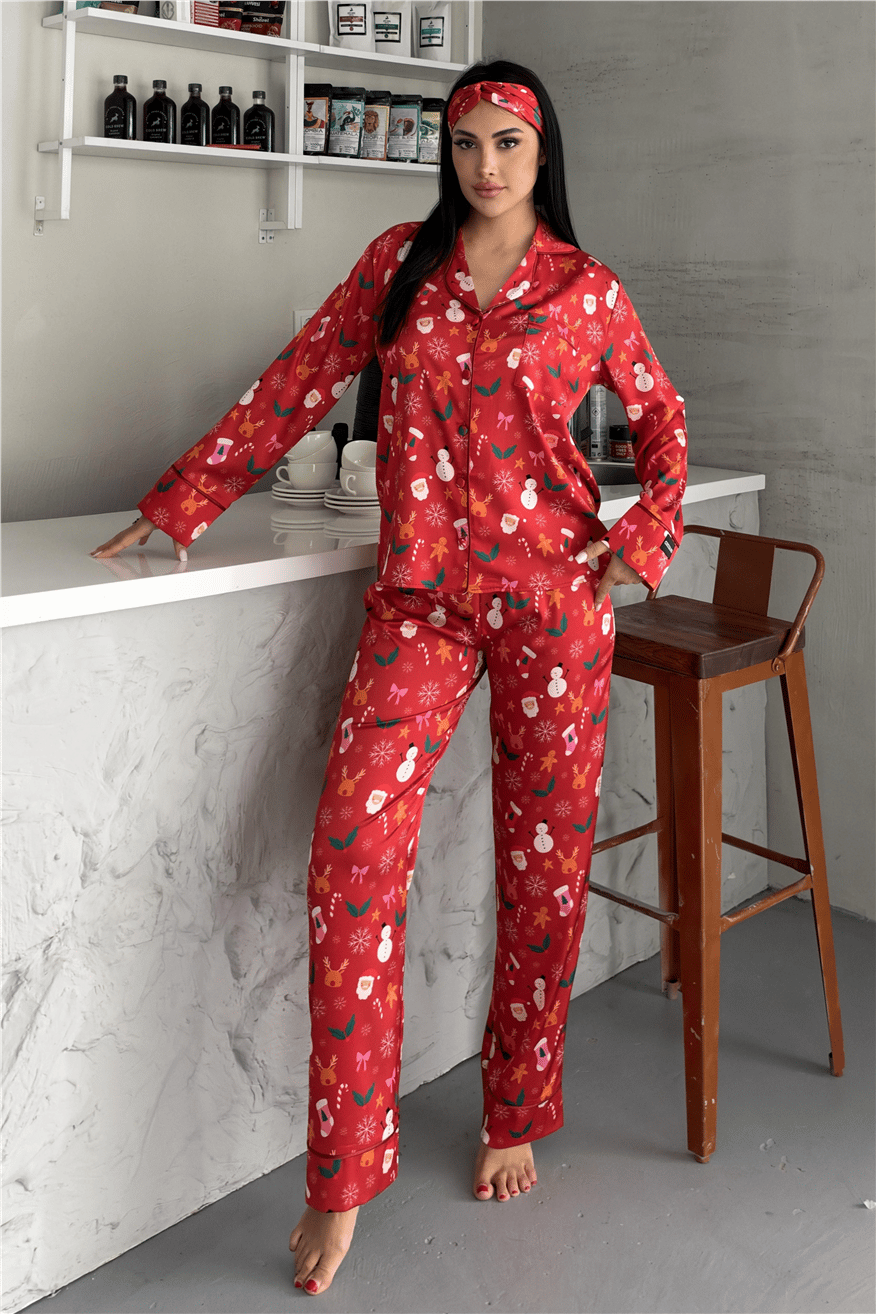 Soffice Inverno Yılbaşı Temalı Saten Uzun Pijama Takımı SNV8704