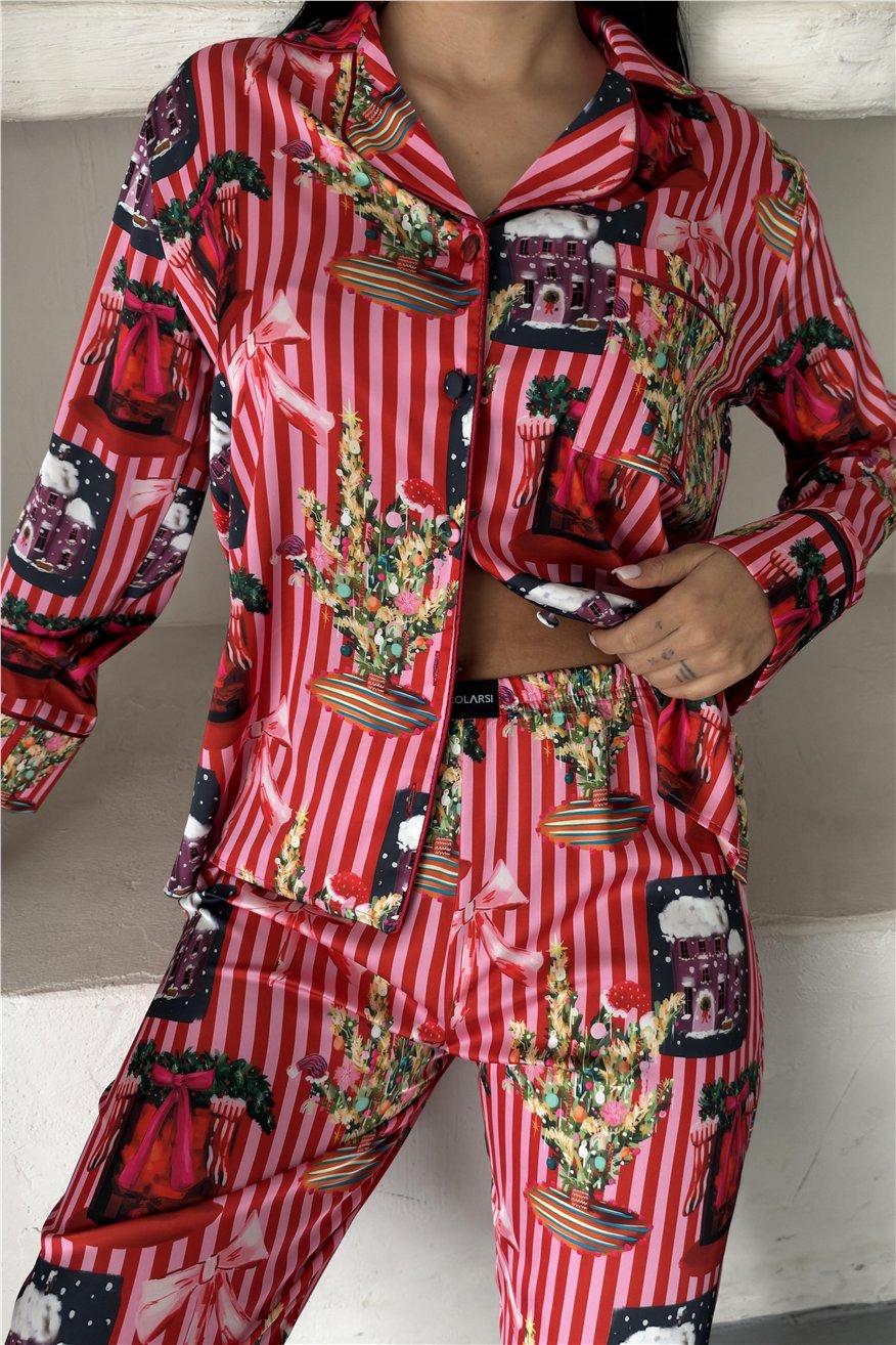 Soffice Inverno Yılbaşı Temalı Saten Uzun Pijama Takımı SNV8709