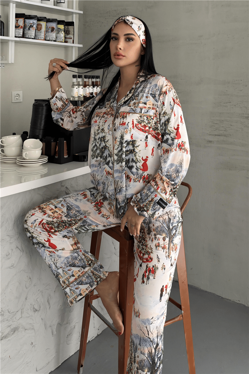 Soffice Inverno Yılbaşı Temalı Saten Uzun Pijama Takımı SNV8701