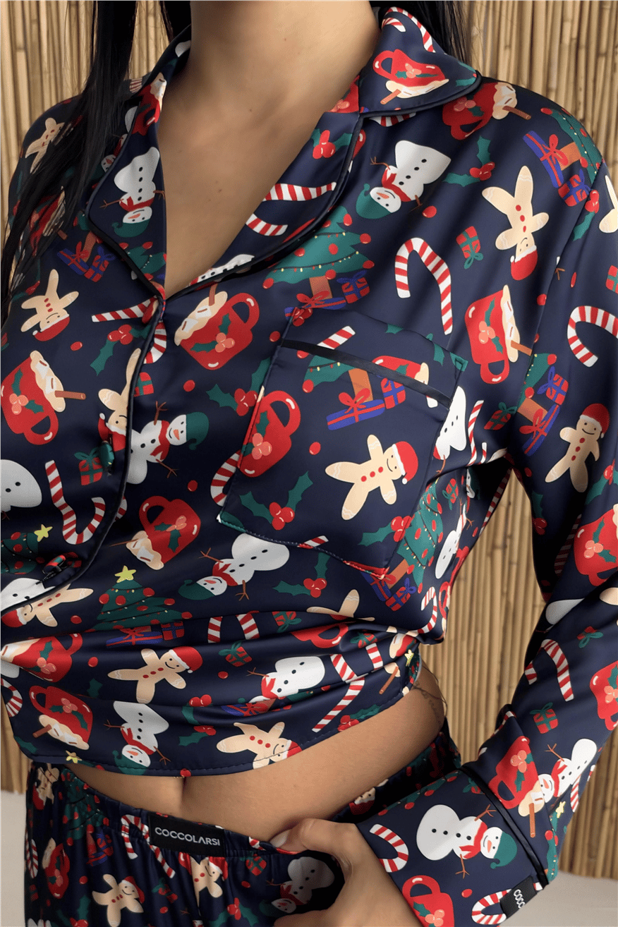 Soffice Inverno Yılbaşı Temalı Saten Uzun Pijama Takımı SNV8706