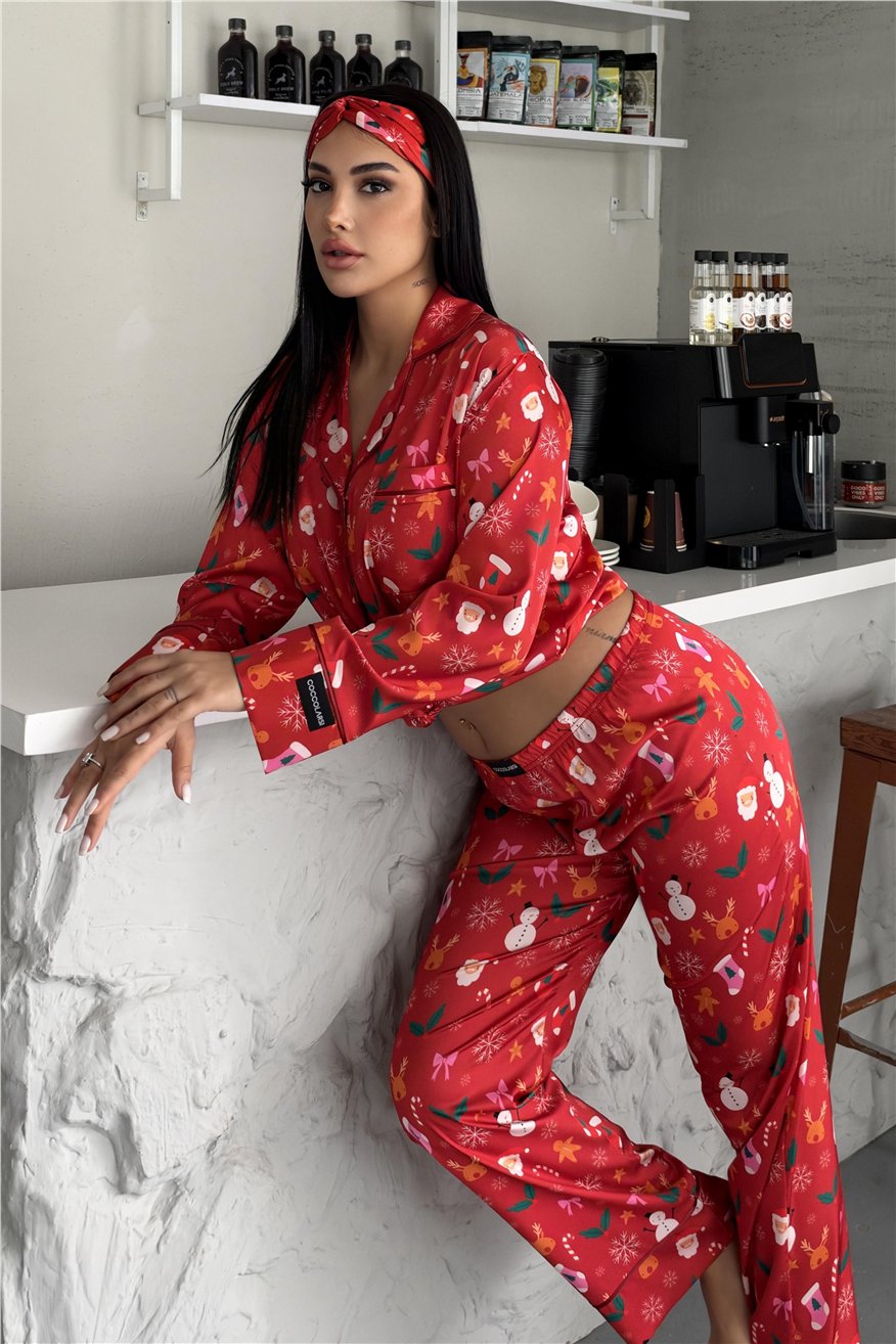 Soffice Inverno Yılbaşı Temalı Saten Uzun Pijama Takımı SNV8704