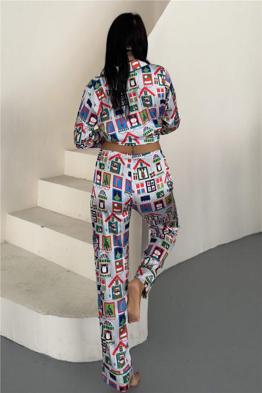 Soffice Inverno Yılbaşı Temalı Saten Uzun Pijama Takımı SNV8710